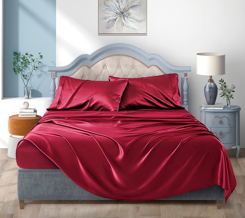 Luxbedding Satin Bed Sheets Full Size Sheet Sets, Red Silk Sheets, 4 - Pieces Soft Bedding Set with 1 Deep Pocket Fitted Sheet,1 Flat Sheet,2 Pillowcase - Image 2
